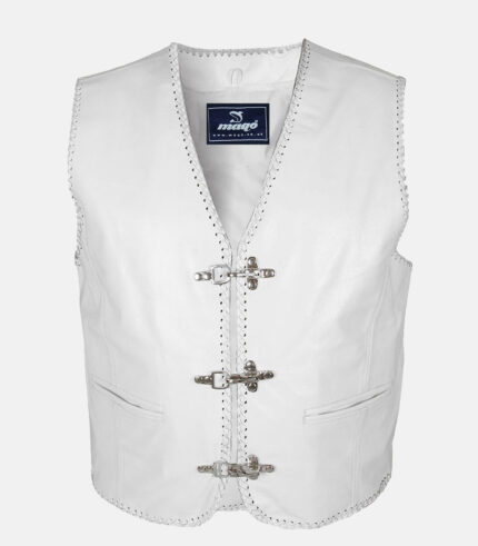 Fishhook Buckles White Leather White Braided Motorcycle Vest