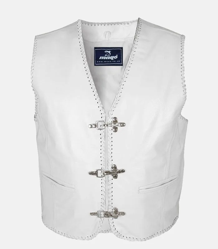 Fishhook Buckles White Leather White Braided Motorcycle Vest