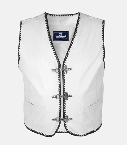 Fishhook Buckles White Leather Black Braided Motorcycle Vest