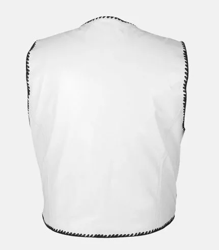 Fishhook Buckles White Leather Black Braided Motorcycle Vest